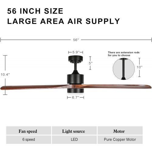  Wood Ceiling Fans with Lights Remote Control, Wisful 56 Modern Farmhouse Ceiling Fans Indoor/Outdoor with 3 Solid Wood Blades Quiet 6 Speeds Reversible, for Bedroom Living Room Pat