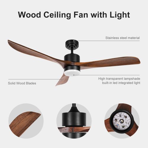  Wood Ceiling Fans with Lights Remote Control, Wisful 56 Modern Farmhouse Ceiling Fans Indoor/Outdoor with 3 Solid Wood Blades Quiet 6 Speeds Reversible, for Bedroom Living Room Pat