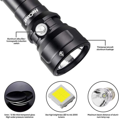  WishDeal Scuba Diving Flashlight with Rechergeable Power, Underwater 120m Professional Dive Light IPX8 Waterproof 2000 High Lumen Super Bright with Charger