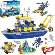 WishaLife City Ocean Exploration Ship Building Toy Set, W/Submarine, Helicopter, Shark, Octopus, Coral Reef, Fun Toy Gift for Kids Boys Girls 6+