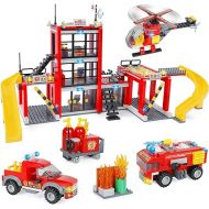 WishaLife City Fire Station Toy Building Set, with 2 Fire Truck Toys, Helicopter, Pretend Play Toys Gift Idea for Kids Boys Girls Ages 6 Plus