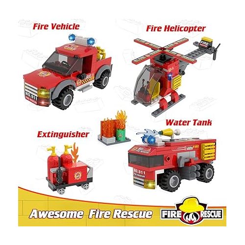  WishaLife City Fire Station Toy Building Set, with 2 Fire Truck Toys, Helicopter, Pretend Play Toys Gift Idea for Kids Boys Girls Ages 6 Plus