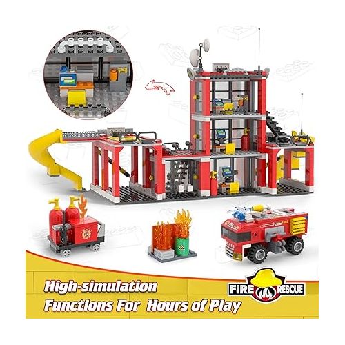  WishaLife City Fire Station Toy Building Set, with 2 Fire Truck Toys, Helicopter, Pretend Play Toys Gift Idea for Kids Boys Girls Ages 6 Plus