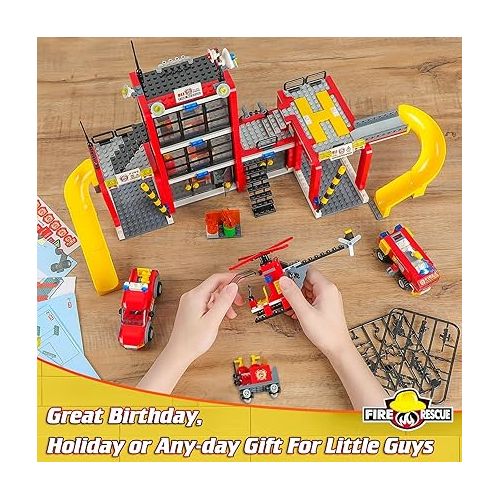  WishaLife City Fire Station Toy Building Set, with 2 Fire Truck Toys, Helicopter, Pretend Play Toys Gift Idea for Kids Boys Girls Ages 6 Plus