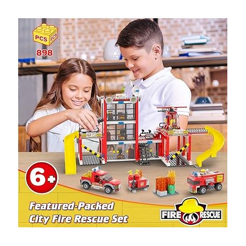  WishaLife City Fire Station Toy Building Set, with 2 Fire Truck Toys, Helicopter, Pretend Play Toys Gift Idea for Kids Boys Girls Ages 6 Plus