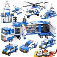 WishaLife 8 in 1 City Police Mobile Command Center Truck Building Toy, W/Police Station, Car, Airplane, Boat, Gifts for 6+ Year Old Kids, Boys, Girls