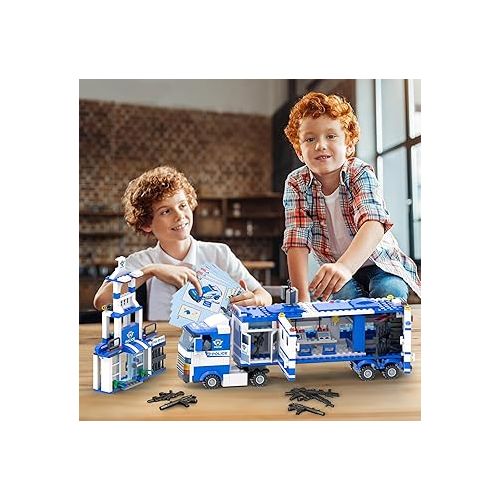  WishaLife 8 in 1 City Police Mobile Command Center Truck Building Toy, W/Police Station, Car, Airplane, Boat, Gifts for 6+ Year Old Kids, Boys, Girls