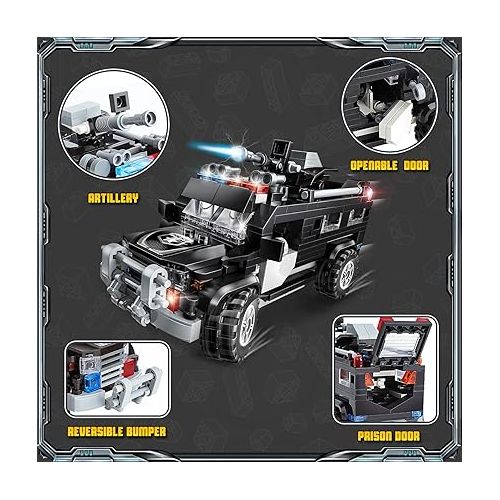  WishaLife City Police SWAT Truck Building Toy, Includes Police Car, Airplane, Pretend Play Police Toys Gift for 6 Plus Year Old Kids, Boys & Girls