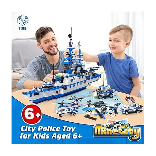  WishaLife 1169 Pieces City Police Station Building Kit, 6 in 1 Military Battleship Building Toy, with Police Cars, Boat, Airplane, Best STEM Construction Toy Gift for Boys and Girls 6-12