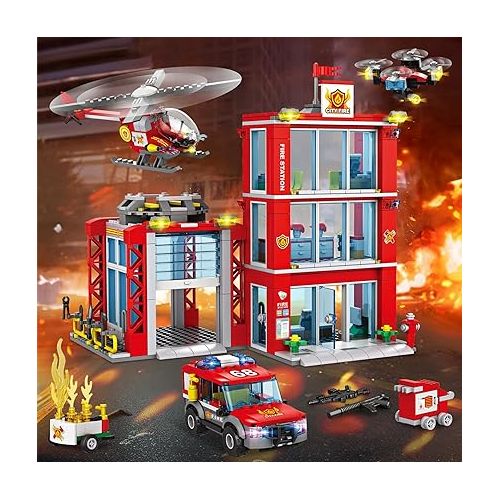  WishaLife City Fire Station Building Blocks Set, Fire Truck, Helicopter, Drone, Rescue Gear, Fire Command Center Playset, Firefighters Roleplay Toy Gifts for Kids Boys Girls Ages 6+ (744 Pieces)