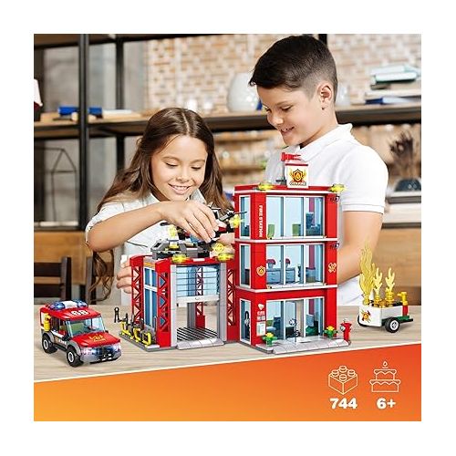  WishaLife City Fire Station Building Blocks Set, Fire Truck, Helicopter, Drone, Rescue Gear, Fire Command Center Playset, Firefighters Roleplay Toy Gifts for Kids Boys Girls Ages 6+ (744 Pieces)