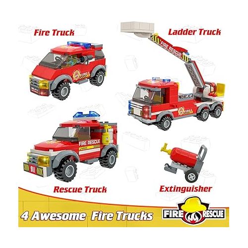  WishaLife City Fire Station Toy Building Set, with 3 Fire Truck Toys, Extinguishers, Pretend Play Toys Gift Idea for Kids Boys Girls Ages 6 and Up