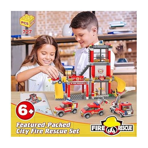  WishaLife City Fire Station Toy Building Set, with 3 Fire Truck Toys, Extinguishers, Pretend Play Toys Gift Idea for Kids Boys Girls Ages 6 and Up