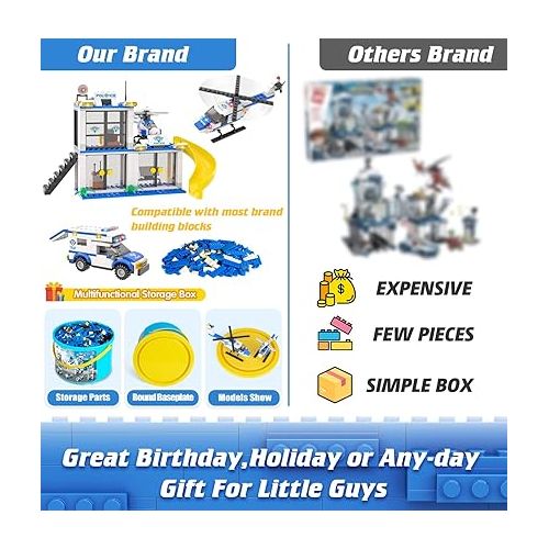  WishaLife City Police Station Building Kit, Includes 4 Police Cars & 2 Helicopter Toy, Gifts for 6 Plus Year Old Kids, Boys & Girls