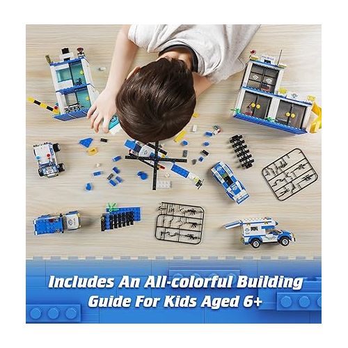  WishaLife City Police Station Building Kit, Includes 4 Police Cars & 2 Helicopter Toy, Gifts for 6 Plus Year Old Kids, Boys & Girls
