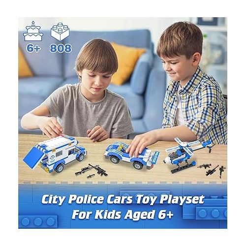  WishaLife City Police Station Building Kit, Includes 4 Police Cars & 2 Helicopter Toy, Gifts for 6 Plus Year Old Kids, Boys & Girls