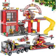 WishaLife City Fire Station Toy Building Set, with Fire Rescue Transport Truck Toy, Helicopter, Pretend Play Toy Gift Idea for Kids Boys Girls Age 6+