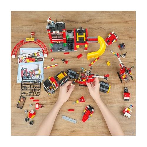  WishaLife City Fire Station Toy Building Set, with Fire Rescue Transport Truck Toy, Helicopter, Pretend Play Toy Gift Idea for Kids Boys Girls Age 6+