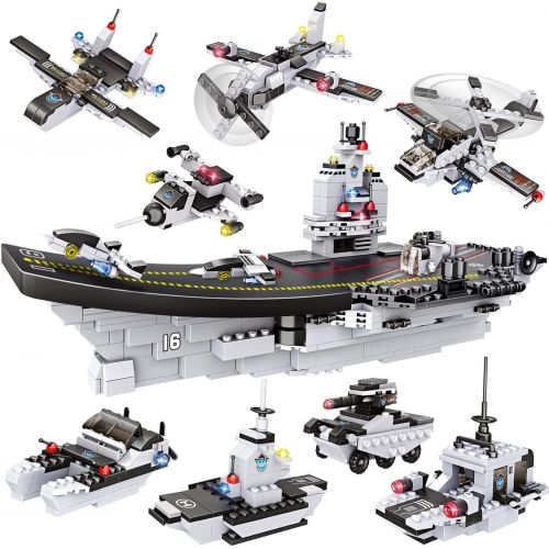  WishaLife City Police Giant Army Aircraft Carrier Battle Group Building Kit, Military Battleship Model Building Set with Solid Hull and Deck with Storage Box for Boys Girls 6-12 (1