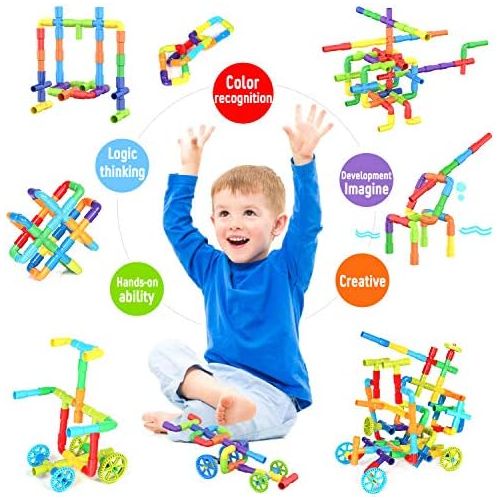  WishaLife 250 Pieces Tube Toys, Sensory Toys, Toy Pipe, Tube Locks Set, Tubular Spout Construction Building Blocks Set, Educational STEM Building Learning Toys with Wheels for Kids