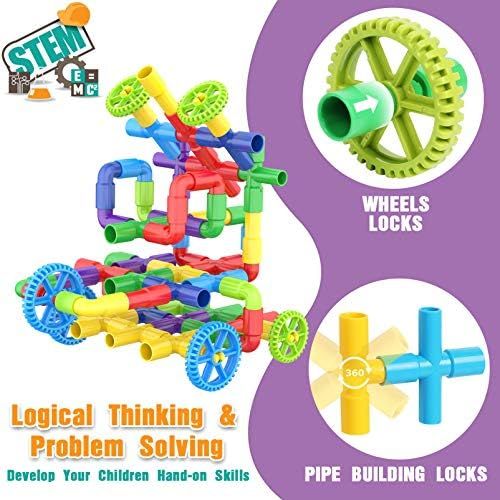  WishaLife 175 Pieces Tube Toy, Sensory Toys, Pipe Building Blocks Stem Toys, Educational Interlocking Construction Engineering Set with Mini Baseplate, Wheels Creative Tube Building Toys for