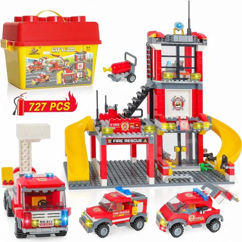  WishaLife City Fire Station Fire Truck Building Blocks Fire Engine Vehicles Building Set Fire Fighter Building Kit Construction Play Set Education Toys Building Bricks Gifts for Boys Girls 6