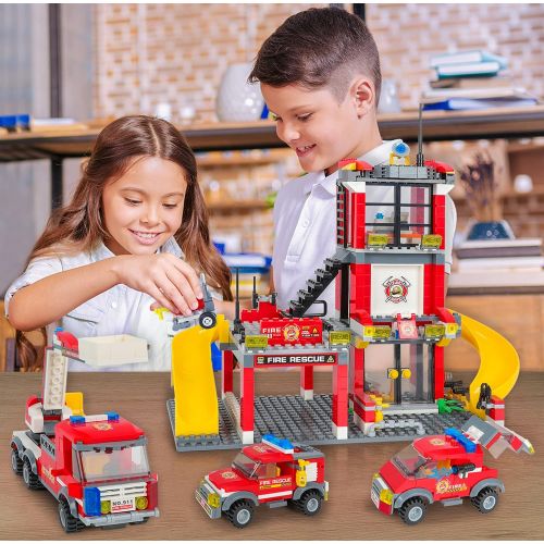  WishaLife City Fire Station Fire Truck Building Blocks Fire Engine Vehicles Building Set Fire Fighter Building Kit Construction Play Set Education Toys Building Bricks Gifts for Boys Girls 6