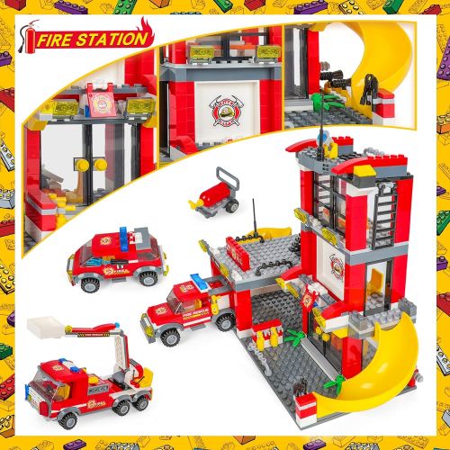  WishaLife City Fire Station Fire Truck Building Blocks Fire Engine Vehicles Building Set Fire Fighter Building Kit Construction Play Set Education Toys Building Bricks Gifts for Boys Girls 6