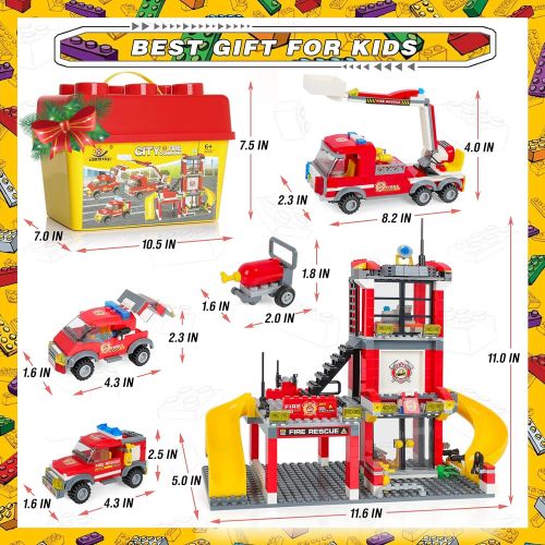  WishaLife City Fire Station Fire Truck Building Blocks Fire Engine Vehicles Building Set Fire Fighter Building Kit Construction Play Set Education Toys Building Bricks Gifts for Boys Girls 6