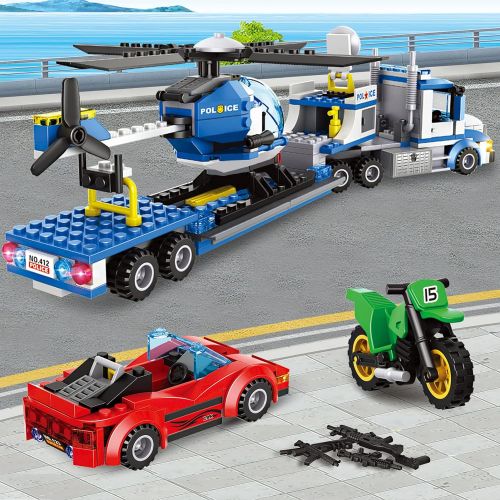  WishaLife City Police Catch Thief Building Kit with City Police Helicopter Transport Truck Toy, Action Cop Helicopter, Motorbike, and Getaway Sports Car for Boys and Girls 6 12 (469 Pieces)