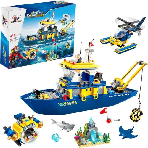  WishaLife City Ocean Exploration Ship, Toy Exploration Vessel, Helicopter, Mini Submarine, Coral Reef with Kyanite, Shark, Mobula, Fun STEM Toy Boat Gift for Boys and Girls Age 6-12 (753 Pie