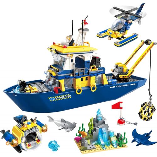  WishaLife City Ocean Exploration Ship, Toy Exploration Vessel, Helicopter, Mini Submarine, Coral Reef with Kyanite, Shark, Mobula, Fun STEM Toy Boat Gift for Boys and Girls Age 6-12 (753 Pie