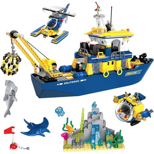  WishaLife City Ocean Exploration Ship, Toy Exploration Vessel, Helicopter, Mini Submarine, Coral Reef with Kyanite, Shark, Mobula, Fun STEM Toy Boat Gift for Boys and Girls Age 6-12 (753 Pie