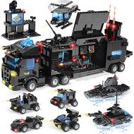 WishaLife 1100 Pieces City Police Station Building Kit, SWAT Mobile Command Center Truck Building Toy with Police Car, Helicopter, Patrol Boat, Best Learning and Roleplay STEM Toy Gift for B