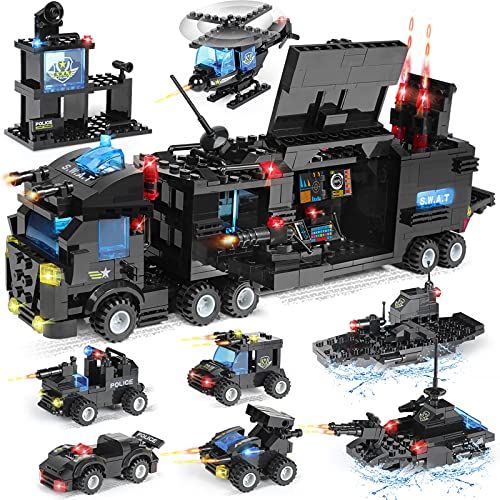  WishaLife 1100 Pieces City Police Station Building Kit, SWAT Mobile Command Center Truck Building Toy with Police Car, Helicopter, Patrol Boat, Best Learning and Roleplay STEM Toy Gift for B