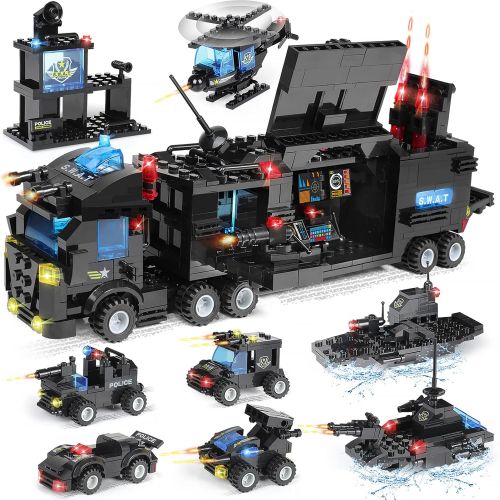  WishaLife 1100 Pieces City Police Station Building Kit, SWAT Mobile Command Center Truck Building Toy with Police Car, Helicopter, Patrol Boat, Best Learning and Roleplay STEM Toy Gift for B