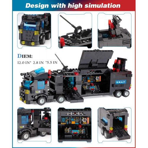  WishaLife 1100 Pieces City Police Station Building Kit, SWAT Mobile Command Center Truck Building Toy with Police Car, Helicopter, Patrol Boat, Best Learning and Roleplay STEM Toy Gift for B