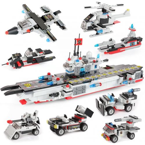  WishaLife 1630 Pieces Aircraft Carrier Building Blocks Set, City Police Military Battleship Building Toy with Army Car, Helicopter, Airplane, Warship, Boat, Fun STEM Toy for Boys & Girls Age
