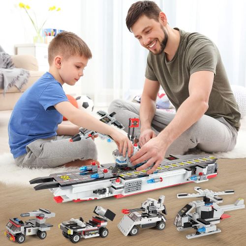  WishaLife 1630 Pieces Aircraft Carrier Building Blocks Set, City Police Military Battleship Building Toy with Army Car, Helicopter, Airplane, Warship, Boat, Fun STEM Toy for Boys & Girls Age