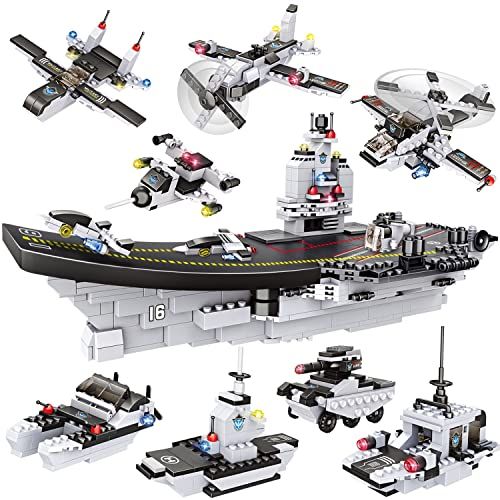  WishaLife 1320 Pieces Aircraft Carrier Building Blocks Set, Military Battleship Model Building Toy Kit with Army Car, Helicopter & Boat, Storage Box with Baseplate Lid, Present Gift for Kids