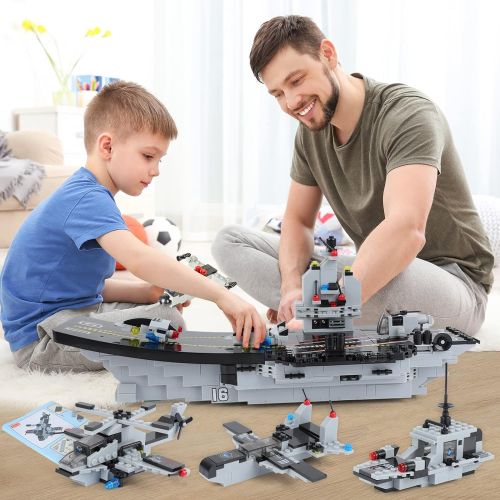 WishaLife 1320 Pieces Aircraft Carrier Building Blocks Set, Military Battleship Model Building Toy Kit with Army Car, Helicopter & Boat, Storage Box with Baseplate Lid, Present Gift for Kids
