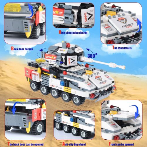  WishaLife 932 Pieces Tank Building Blocks Set, Military Army Armored Fighting Vehicle Model Building Toy, with Helicopter, Boat, Car, Storage Box with Baseplates Lid, Present Gift for Kids B