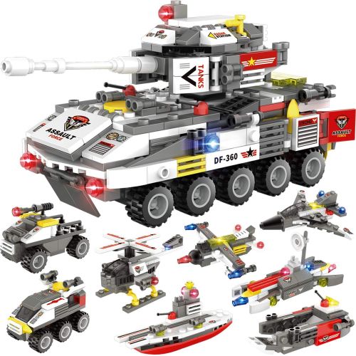  WishaLife 932 Pieces Tank Building Blocks Set, Military Army Armored Fighting Vehicle Model Building Toy, with Helicopter, Boat, Car, Storage Box with Baseplates Lid, Present Gift for Kids B