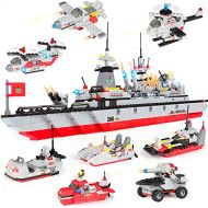WishaLife 1220 Pieces City Police Military Battleship Toy Building Sets, U.S. Navy Marines Cruiser Warship Toy with Army Car, Ship, Helicopter, Airplane, Boat, Best STEM Toy Gift for Boys an