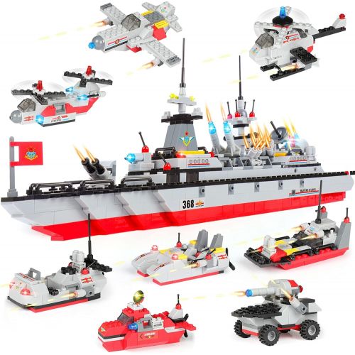  WishaLife 1220 Pieces City Police Military Battleship Toy Building Sets, U.S. Navy Marines Cruiser Warship Toy with Army Car, Ship, Helicopter, Airplane, Boat, Best STEM Toy Gift for Boys an
