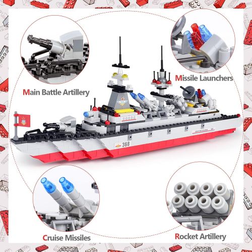  WishaLife 1220 Pieces City Police Military Battleship Toy Building Sets, U.S. Navy Marines Cruiser Warship Toy with Army Car, Ship, Helicopter, Airplane, Boat, Best STEM Toy Gift for Boys an