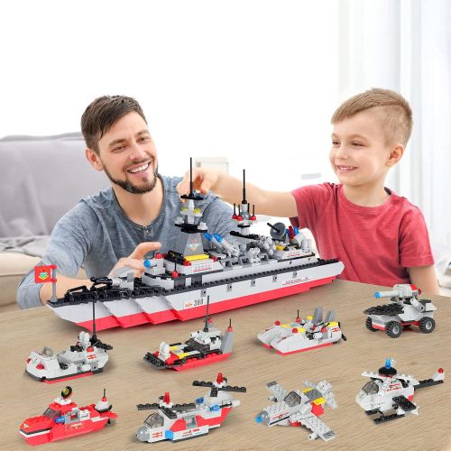  WishaLife 1220 Pieces City Police Military Battleship Toy Building Sets, U.S. Navy Marines Cruiser Warship Toy with Army Car, Ship, Helicopter, Airplane, Boat, Best STEM Toy Gift for Boys an