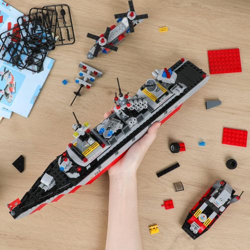  WishaLife 1220 Pieces City Police Military Battleship Toy Building Sets, U.S. Navy Marines Cruiser Warship Toy with Army Car, Ship, Helicopter, Airplane, Boat, Best STEM Toy Gift for Boys an