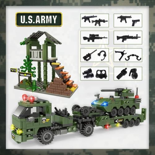  WishaLife City Police Station Building Kit, Army Military Base Building Set, Heavy Transport Truck Toy with Armored Vehicles & Airplane, Storage Box with Baseplates Lid, Present Gift for Kid