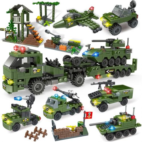  WishaLife City Police Station Building Kit, Army Military Base Building Set, Heavy Transport Truck Toy with Armored Vehicles & Airplane, Storage Box with Baseplates Lid, Present Gift for Kid